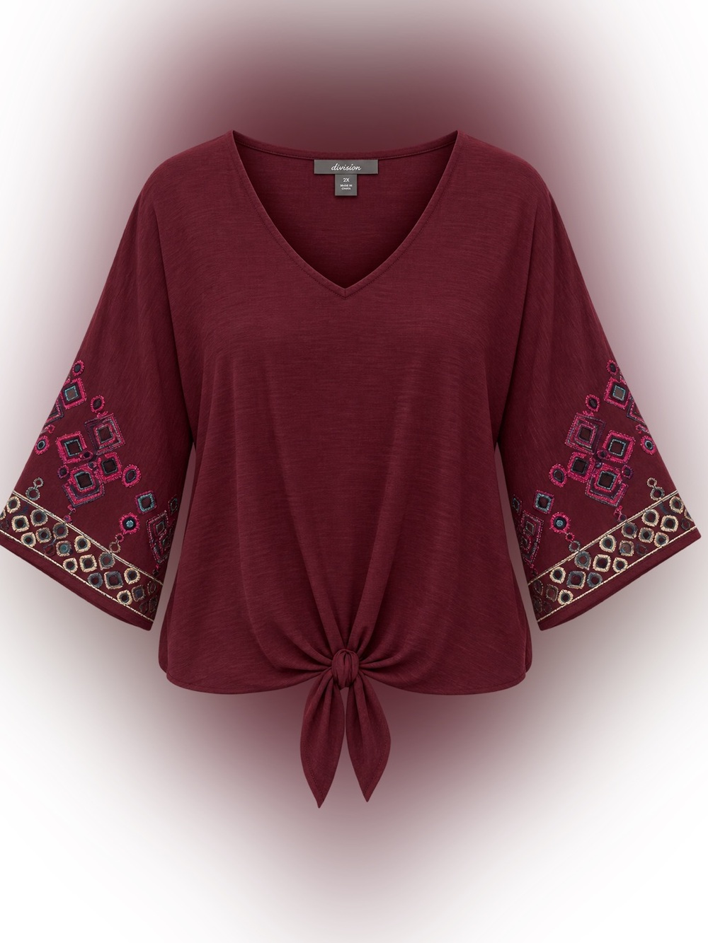 Boho Embroidered V-Neck Tie-Hem Tunic in Burgundy